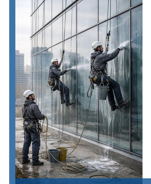 Промышленная мойка панорамных окон на высоте в Вологде