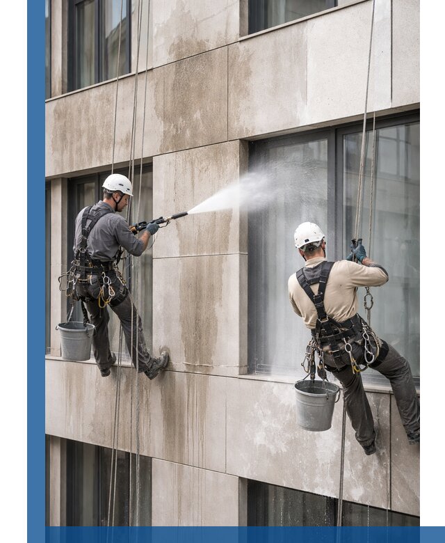 Послестроительная мойка фасада промышленным альпинизмом в Вологде