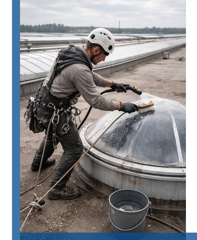 Мойка зенитных фонарей на кровле для промышленных объектов в Вологде