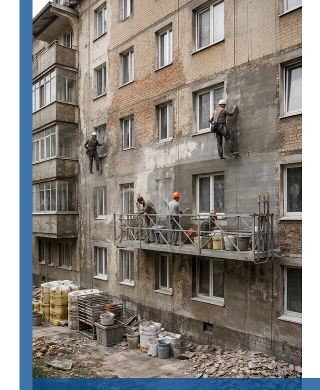 Капитальный ремонт фасада в Вологде с восстановлением и гидроизоляцией