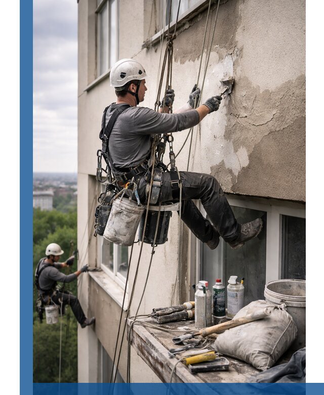 Косметический ремонт фасада зданий в Вологде промышленными альпинистами