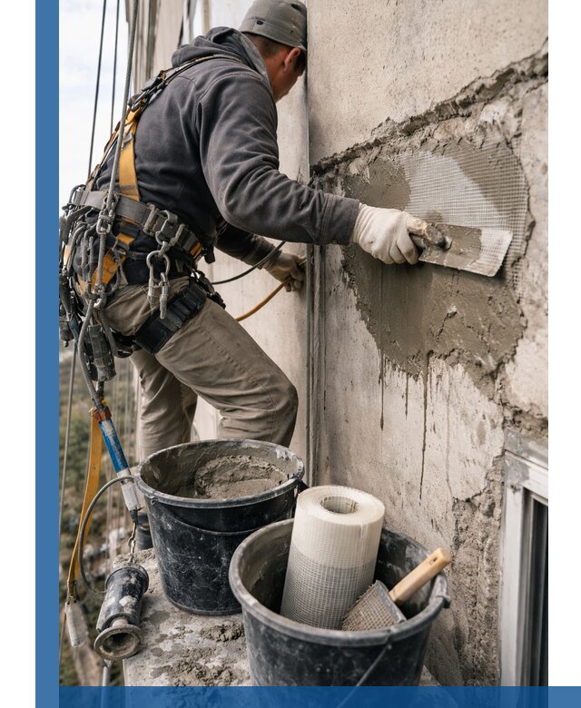 Ремонт бетонных элементов фасада промышленными альпинистами в Вологде