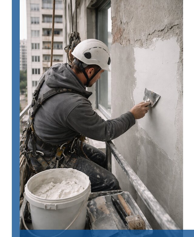 Шпаклевка фасадов на высоте с промальпинистами в Вологде