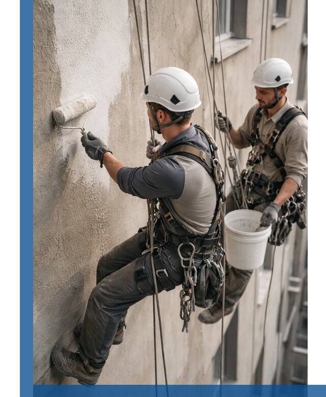 Грунтовка фасада на высоте в Вологде промышленными альпинистами