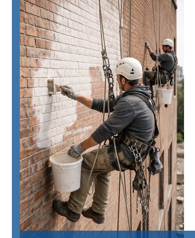 Покраска кирпичного фасада с доступным альпинистским сервисом в Вологде