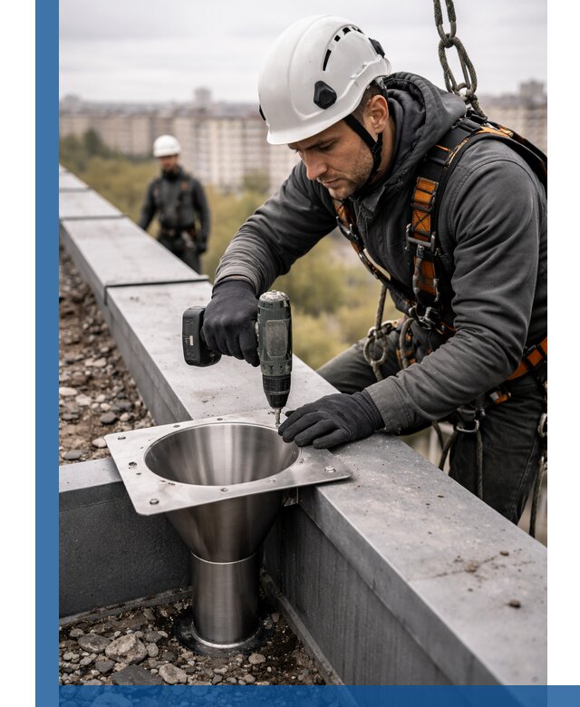 Монтаж водосточных воронок в Вологде для промышленных зданий