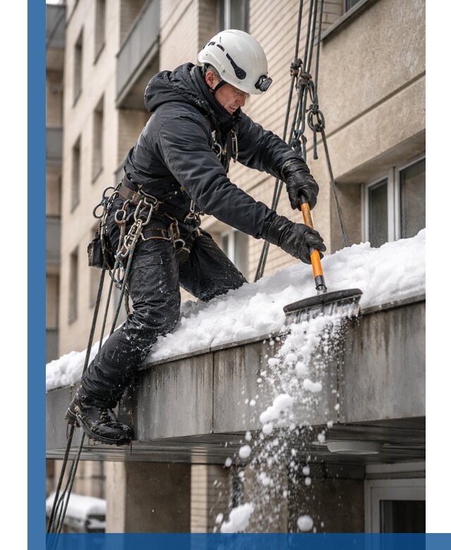 Очистка козырьков от снега в Вологде круглогодично безопасно