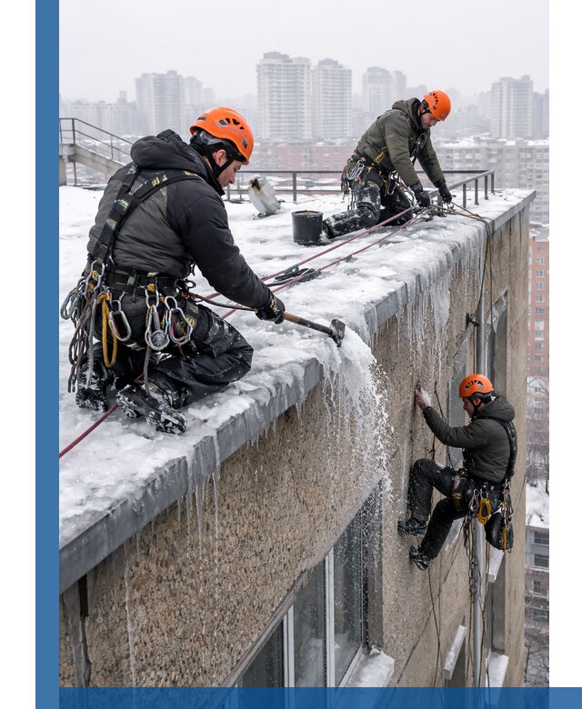 Удаление наледи с кровли в Вологде промышленными альпинистами