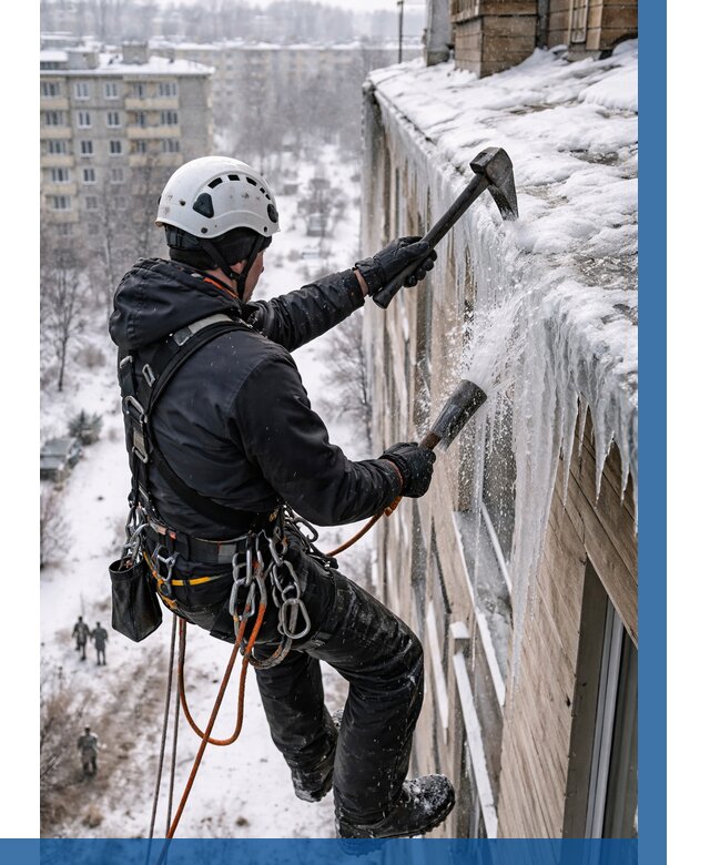 Сбивание сосулек с крыши в Вологде по цене от 4622 р. | ВЫСОТНИК-Вгд