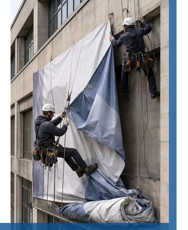 Демонтаж баннеров с фасада в Вологде от 4622 р. | ВЫСОТНИК-Вгд