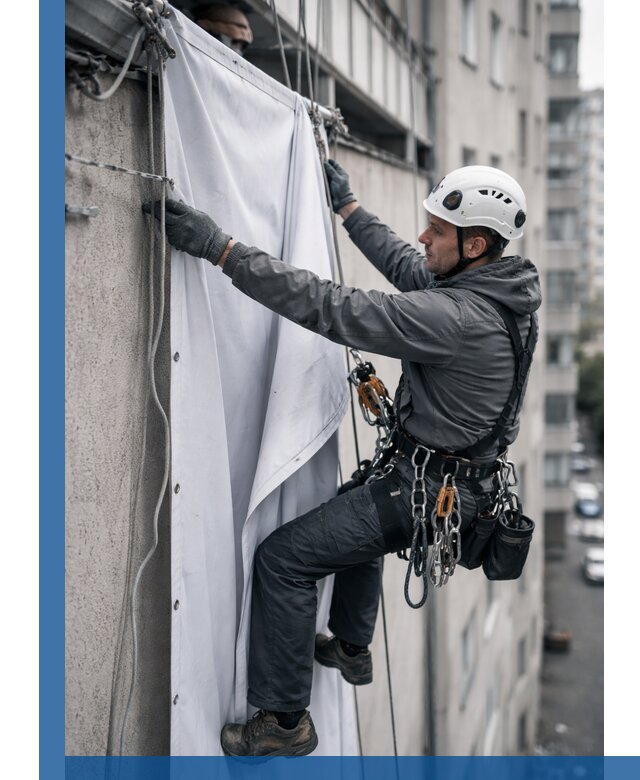 Замена баннерного полотна промышленными альпинистами в Вологде