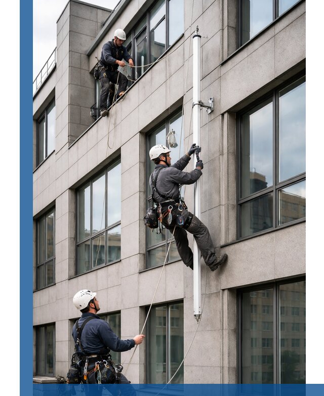 Монтаж флагштока на фасаде здания с креплением и герметикой в Вологде