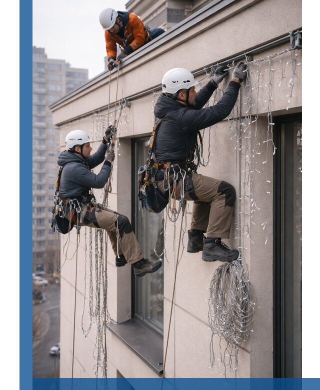 Монтаж праздничных гирлянд на фасаде в Вологде для зданий