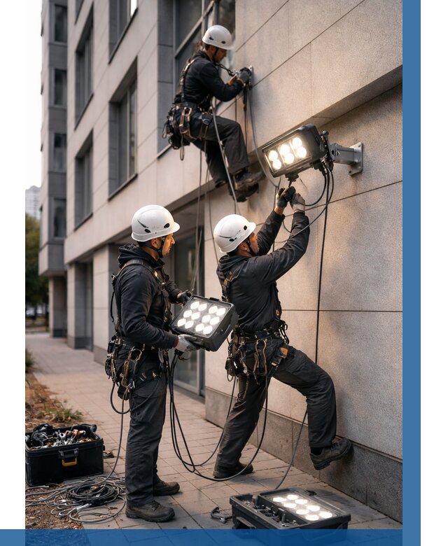 Монтаж прожекторов на фасаде в Вологде от 7704 р. | ВЫСОТНИК-Вгд