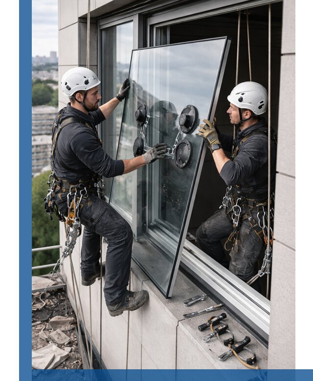 Замена стеклопакетов на высоте с промышленными альпинистами в Вологде