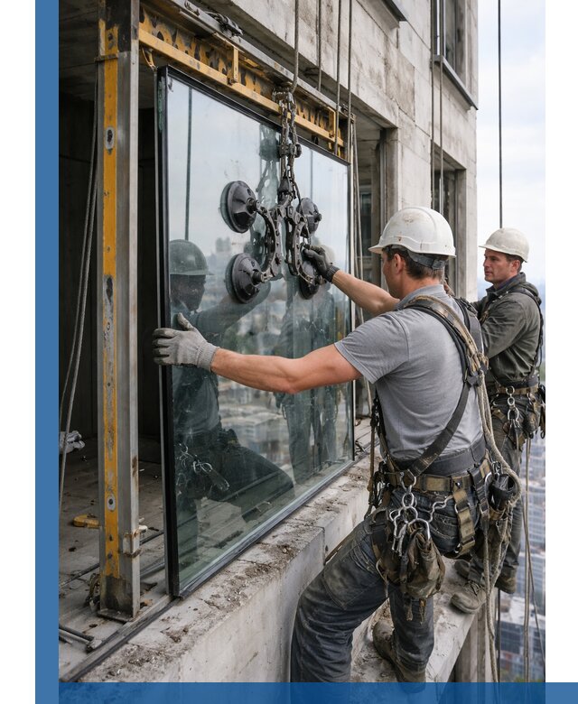 Монтаж стеклопакетов на высоте в Вологде с промышленным альпинизмом