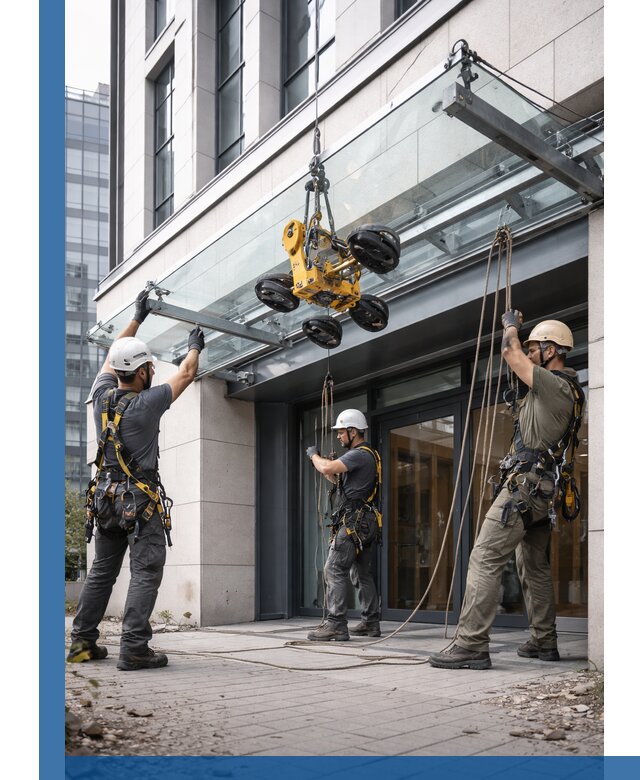 Монтаж стеклянных козырьков под ключ в Вологде для зданий