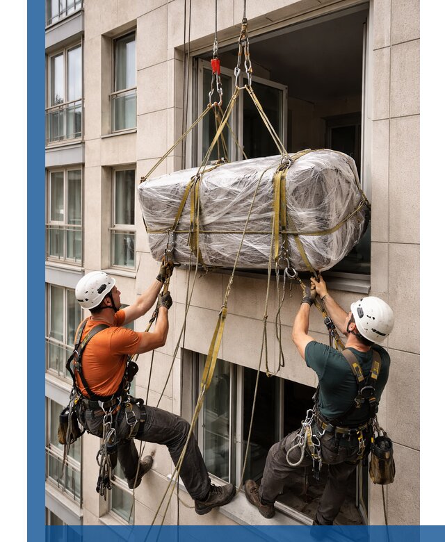 Подъем грузов через окно в Вологде промышленными альпинистами