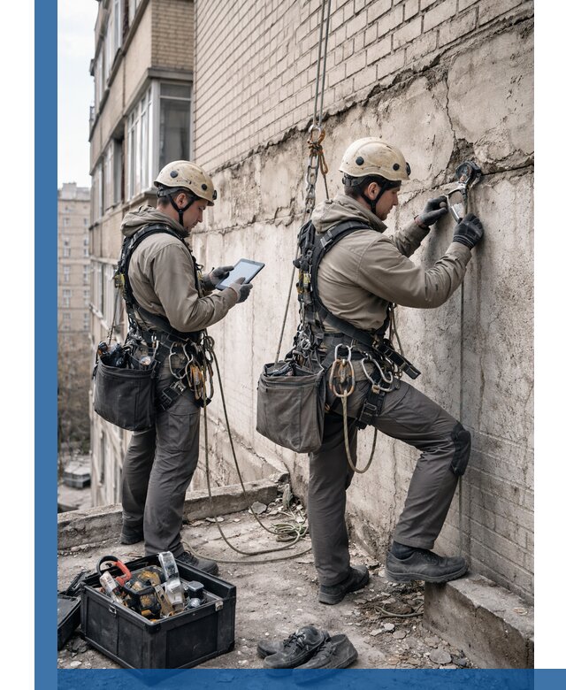 Обследование фасада промышленными альпинистами в Вологде